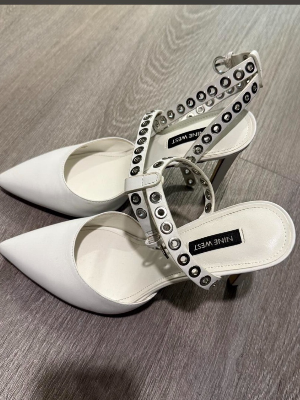 Nine West White Pointed-Toe Grommet Strap Heels